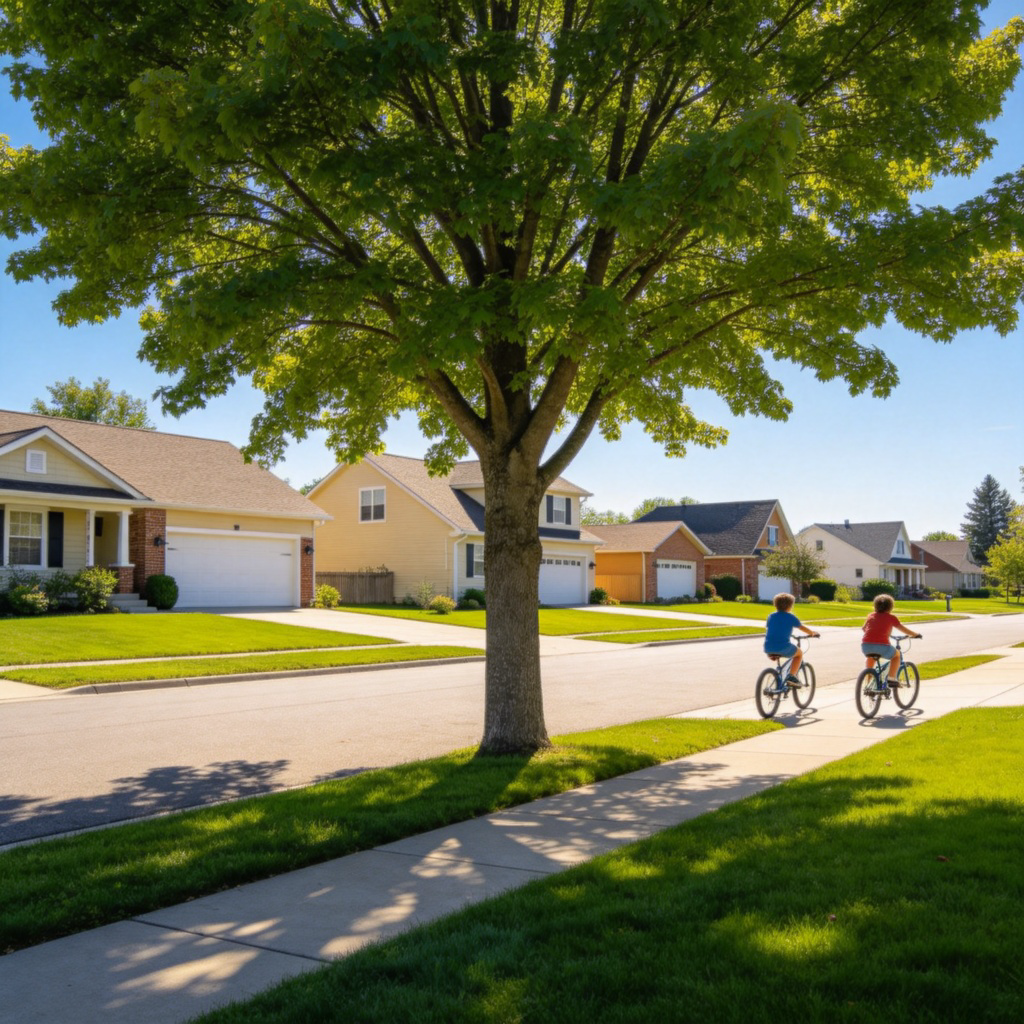 A wide-angle view of a typical residential neighborhood on a sunny day. Several well-kept houses with green lawns line a clean, quiet street. A large, leafy tree is in the foreground. Two children are riding bicycles on the sidewalk. The scene is peaceful and inviting, focused on the overall area.