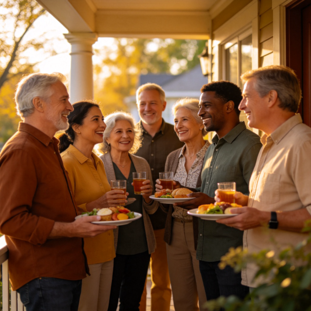 A group of diverse people of different ages standing together on a front porch, smiling and chatting. They are holding plates of food and drinks, suggesting a friendly neighborhood gathering or potluck. The focus is on the people and their warm interaction, not the buildings.