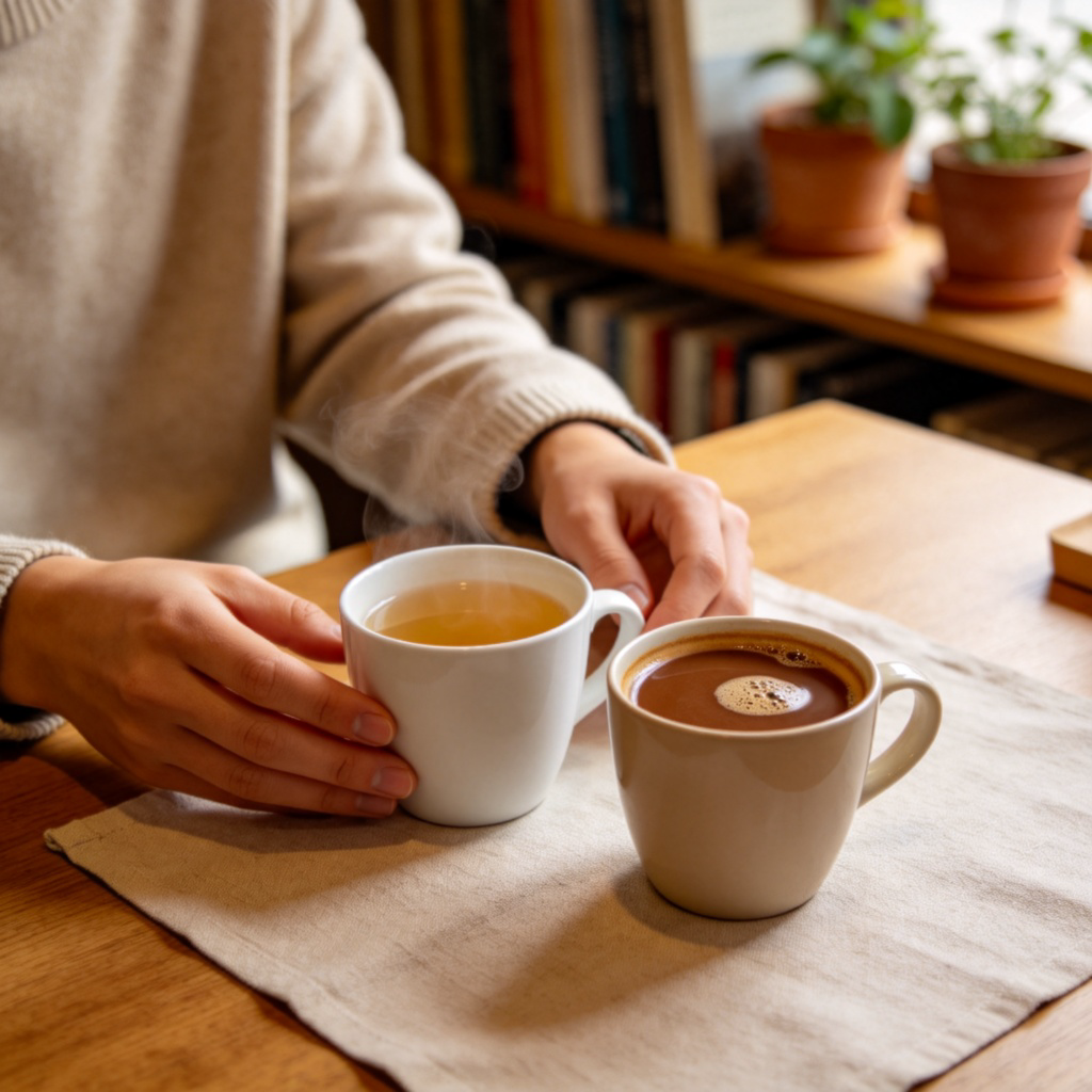 A scene in a cozy cafe. A person is sitting at a table. In front of them are two cups: one with tea, one with coffee. The person is gently pushing both cups away with their hands, showing a polite refusal. Soft lighting, focus on the person's hands and the two cups. No text.