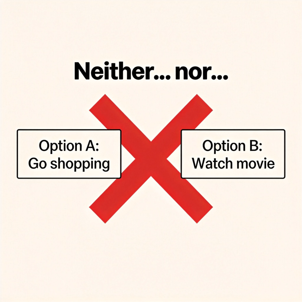 A simple, clear diagram for English learners. On a light background, there are two labeled boxes side by side: one says "Option A: Go shopping", the other says "Option B: Watch movie". A large red "X" crosses out both boxes. In the middle, the words "Neither... nor..." are written in bold, friendly font. Minimalist style, educational feel. No text other than the labels and the key phrase.