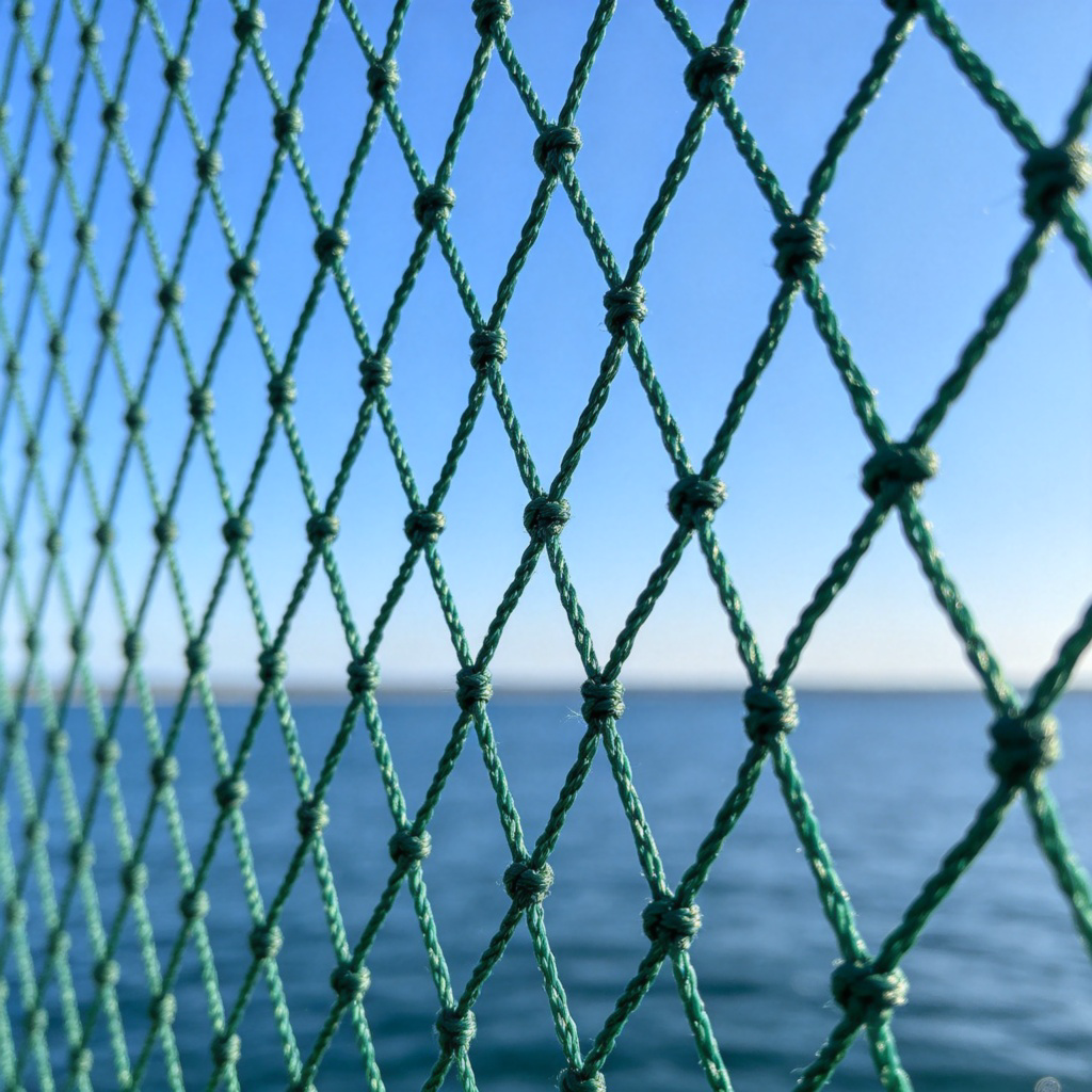 A close-up photograph of a green fishing net stretched out, with its diamond-shaped holes clearly visible against a blue sky or calm water background. Focus is on the texture and pattern of the net. No people, no text.