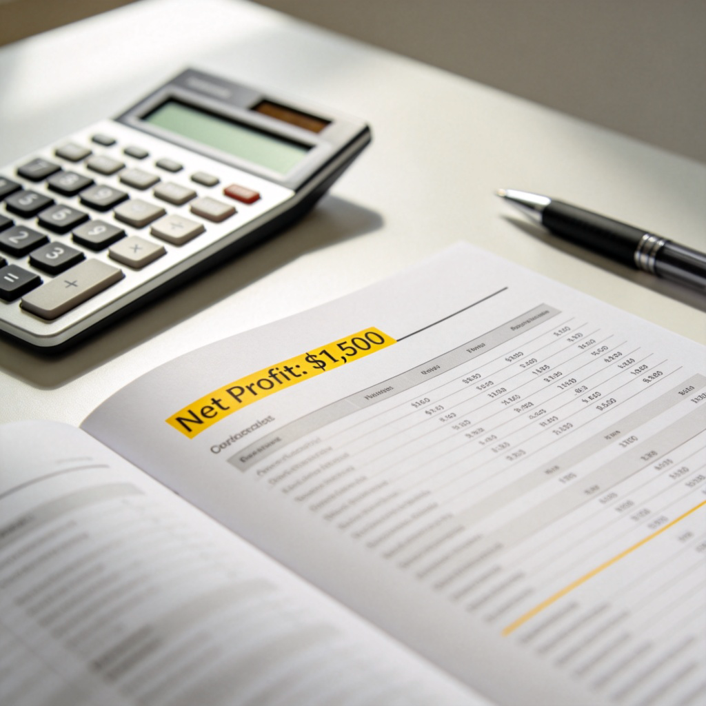 A clean, well-lit desk with a simple financial report open. The camera focuses sharply on a line that reads "Net Profit: $1,500", highlighted in yellow. A calculator and a pen are nearby. No faces, no text besides the report.