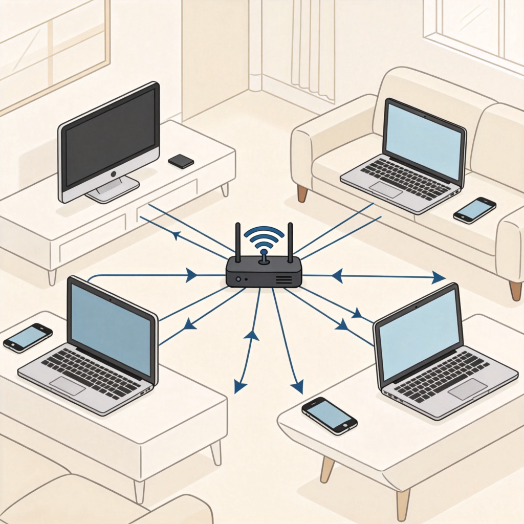 A detailed diagram-style illustration showing several computers, laptops, and smartphones connected by lines to a central Wi-Fi router. The lines represent data flow. The background is a simple, modern living room. Clean and clear, no text or logos.