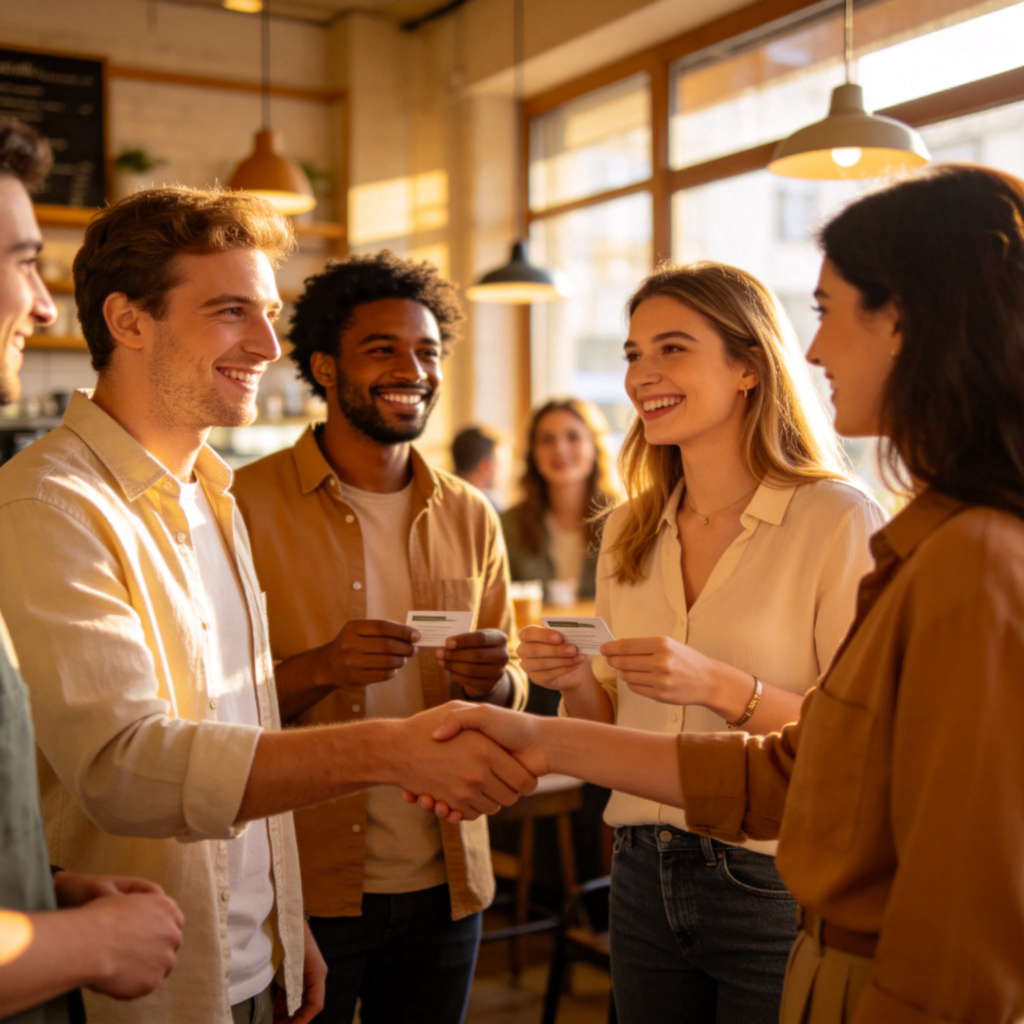A friendly group of diverse people standing and talking at a casual networking event or cafe. They are smiling, shaking hands, and exchanging business cards. Warm, natural lighting, focus on the social interaction. No text.