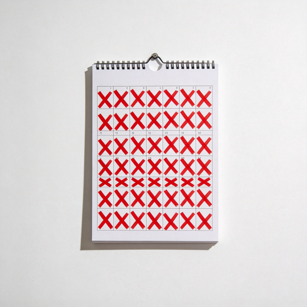 A simple monthly calendar hanging on a wall, with every single day crossed out with a thick, red X mark. The entire calendar is covered in red Xs. Clean, bright background, clear focus on the calendar. No text or logos.