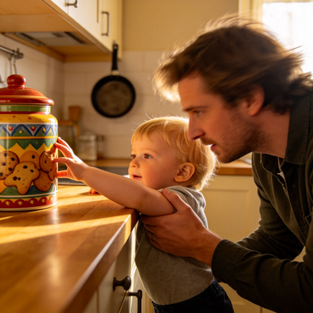 A young child reaching their hand towards a colorful cookie jar on a high kitchen counter. An adult's hand, belonging to their parent, is gently but firmly holding the child's wrist to stop them, with the parent's head shaking slightly from side to side. Warm, home kitchen setting. No text.