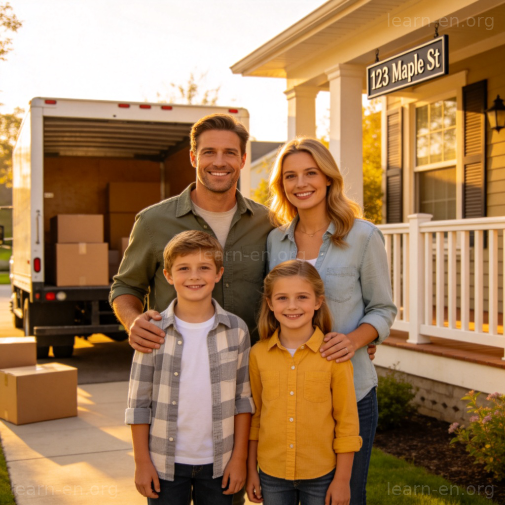 New address sign on a house with moving van