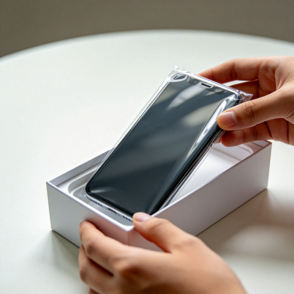 A person holding a brand new smartphone, with the protective plastic film still on its screen. The phone is being taken out of its clean, white box. The person's hands are clean, and the background is a simple, light-colored table. Focus is on the shiny new device. No text.