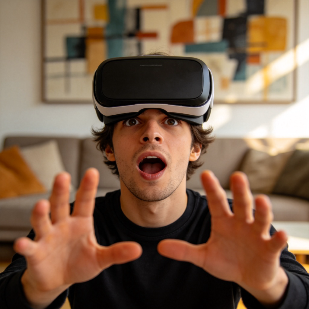 A person wearing a VR headset for the first time, with a look of surprise and wonder on their face. Their hands are outstretched as if touching something invisible in the air. The setting is a modern living room. The focus is on the person's reaction to the new experience. No text.