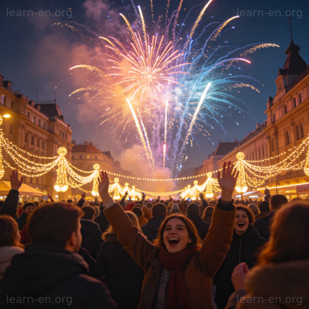 New Year celebration crowd with fireworks and festive lights