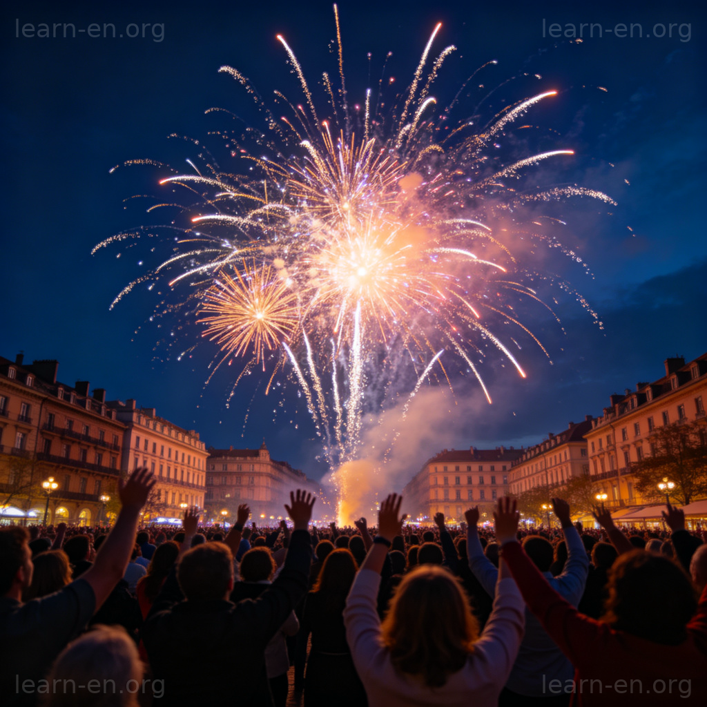 New Year's Eve 场景图解：城市广场人群欢呼庆祝新年烟花