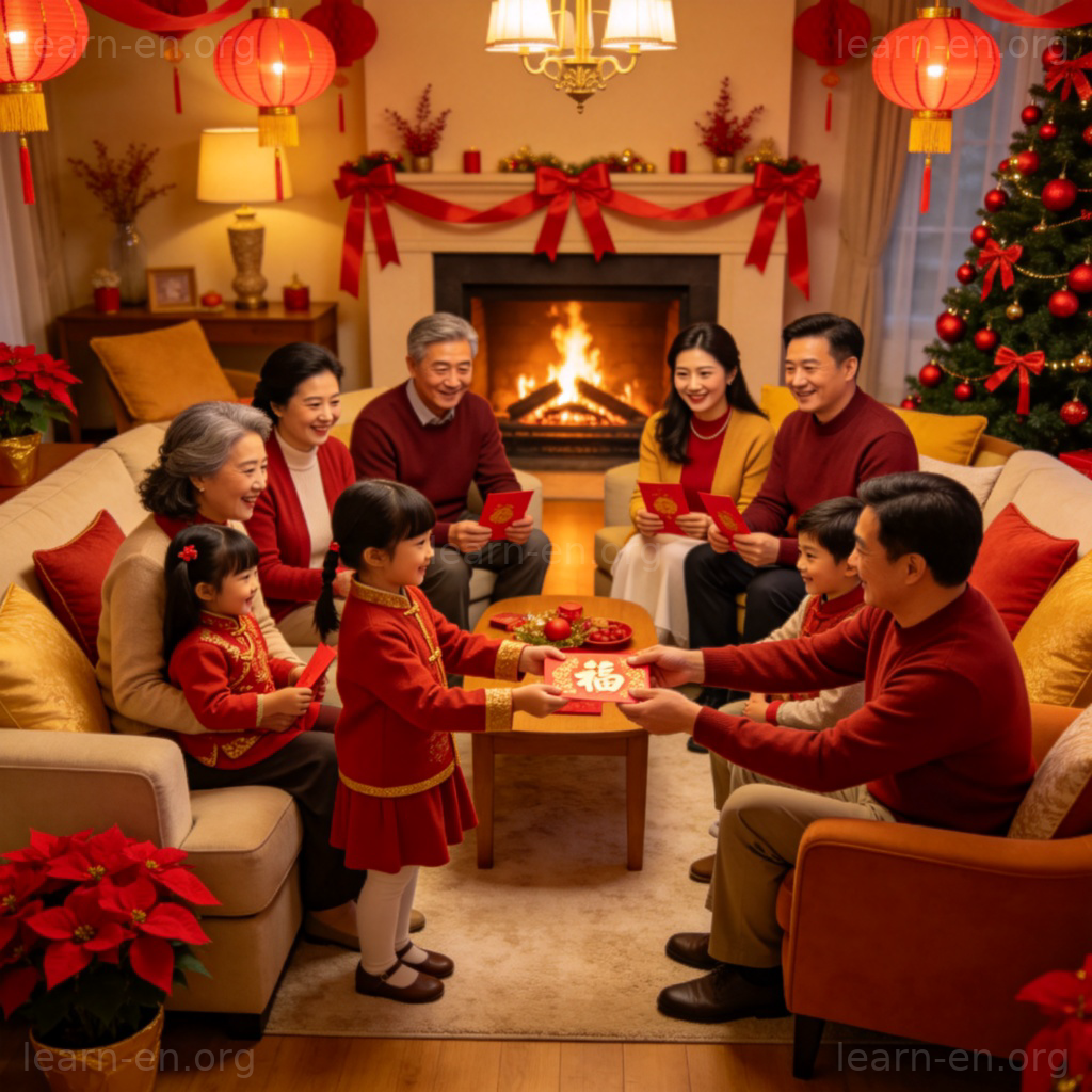 New Year's greetings 图解：温馨家庭互赠红包与新年祝福的场景