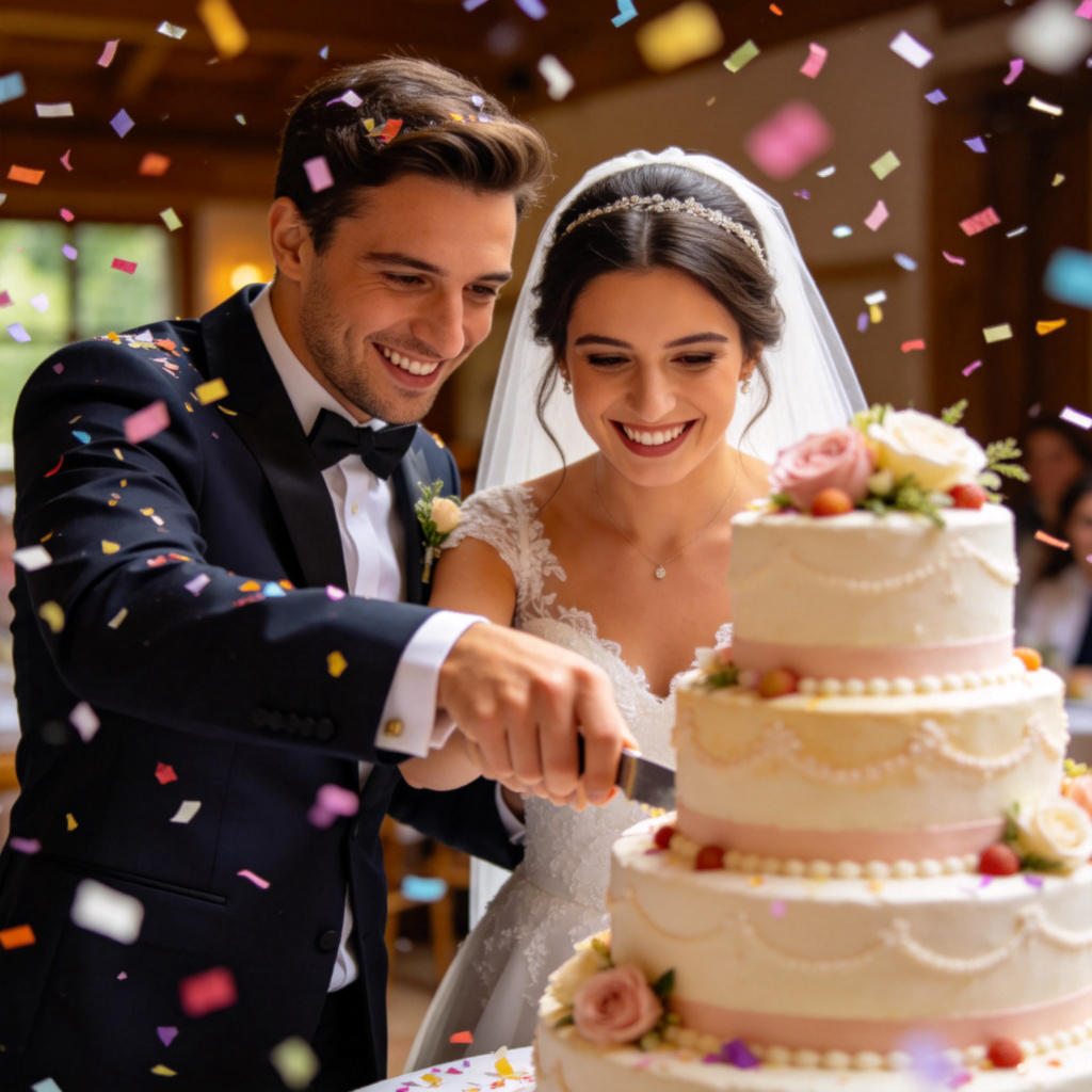 A joyful couple just after their wedding ceremony, smiling and cutting a multi-tiered wedding cake. They are dressed in wedding attire, and the scene is filled with celebration and confetti. The focus is on the cake and their happy expressions, highlighting the recentness of the event. Natural, warm lighting. No text.