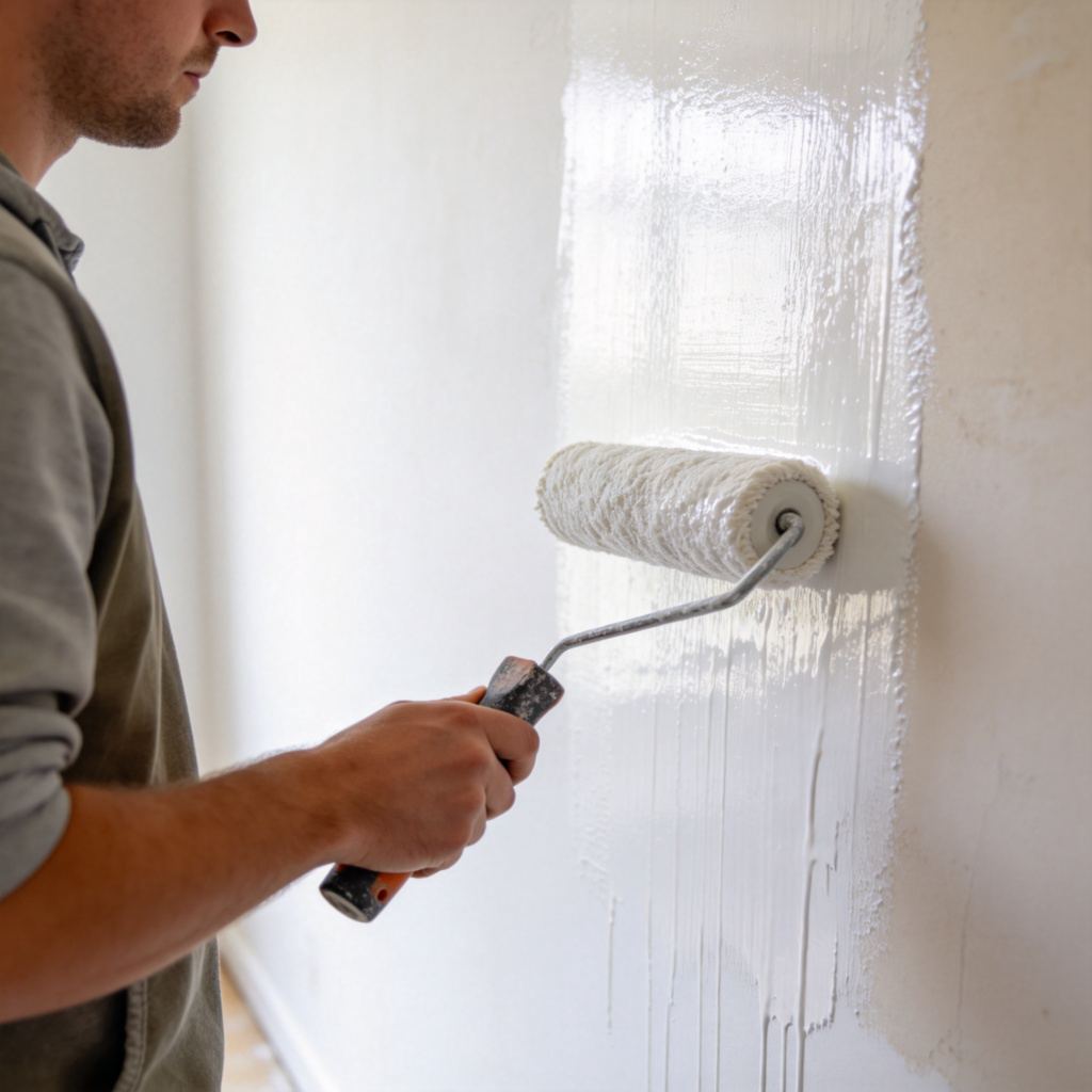 A close-up view of a person holding a paint roller, applying a fresh coat of bright white paint over a previously colored wall. The contrast between the old color and the new, wet paint is clear. The person is wearing casual clothes, and the scene is in a well-lit, empty room. No text.