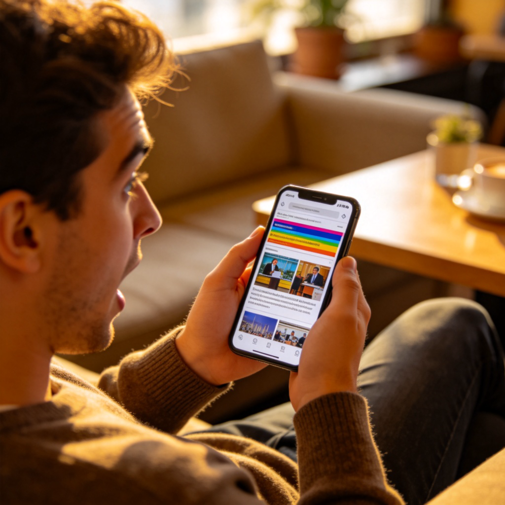 A person looking at a smartphone screen showing a colorful news website or app interface with clear headlines and images. The person's face shows interest or surprise. The setting is casual, like on a sofa or at a café table. Daylight or warm indoor lighting, focus on the phone screen and the person's reaction. No text on the phone screen.