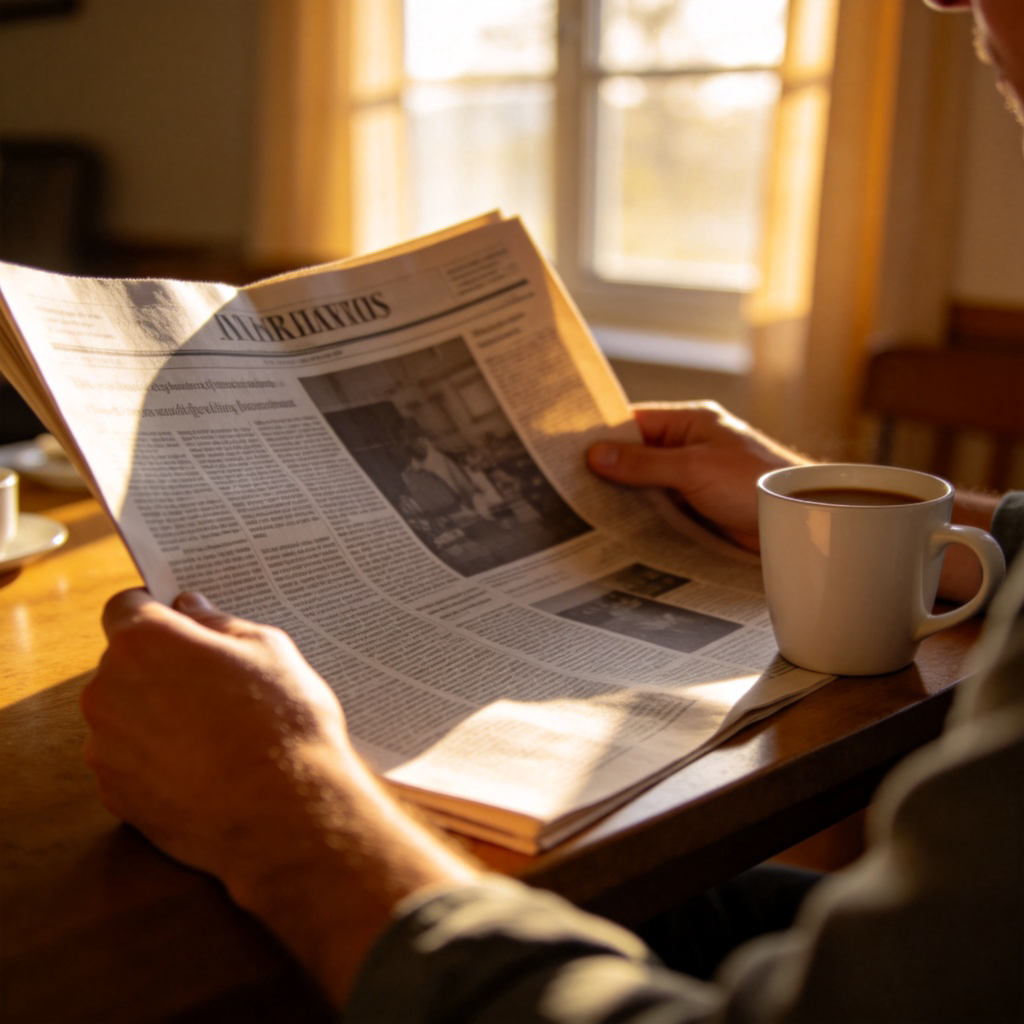 A person sitting at a breakfast table, reading a broadsheet newspaper that is open in front of them. A cup of coffee is beside the paper. Morning light streams through a window. The focus is on the newspaper and the reader's hands. Realistic photography style, no text on the image.
