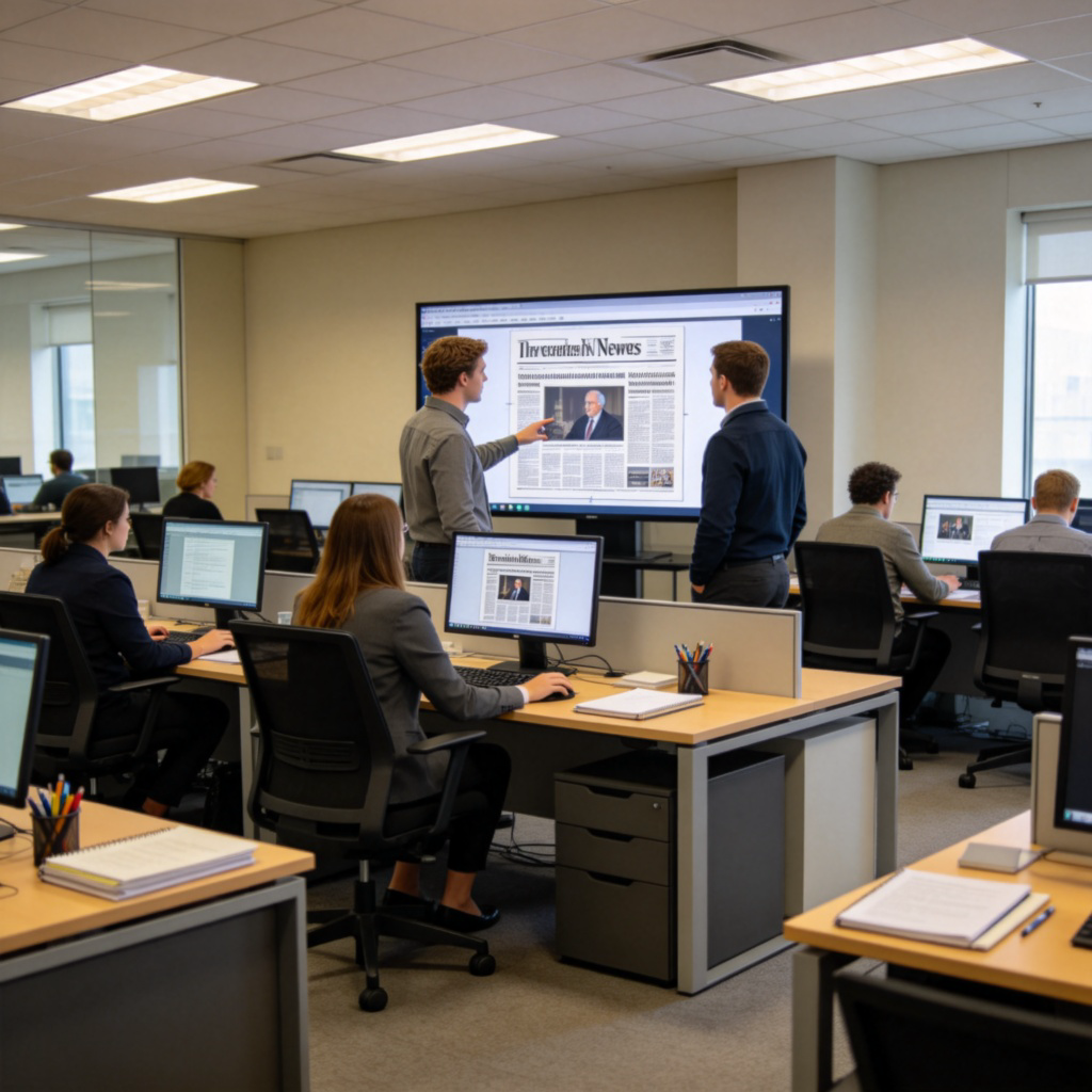 A modern newsroom office with several journalists working at desks with computers. One person is discussing a layout on a large monitor showing newspaper page designs. The atmosphere is busy but focused. Clean, realistic office environment, no visible logos or text.