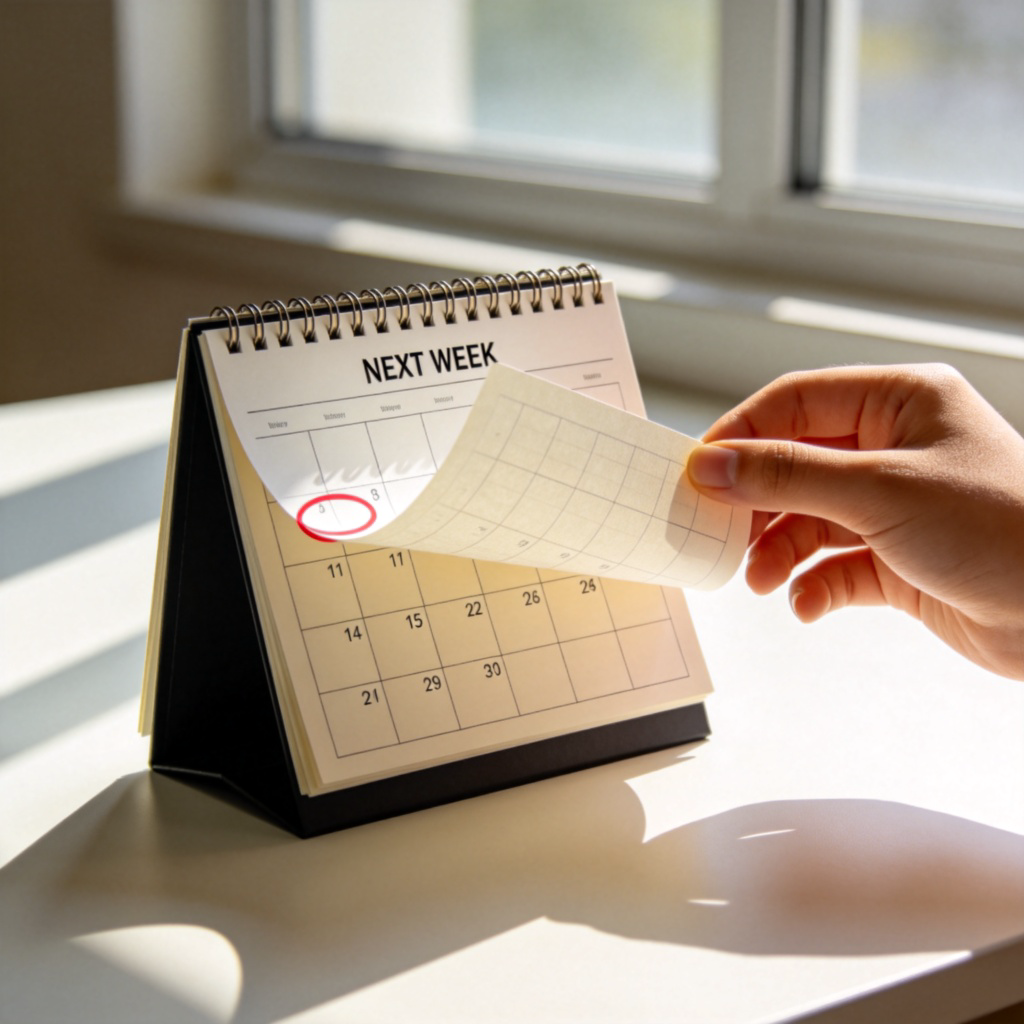 A close-up view of a desk calendar with today's date circled in red. A person's hand is turning the page to reveal the following week. The focus is on the new page with the word 'NEXT WEEK' clearly written at the top. Natural light from a window, clean and simple desk setting. No text on the calendar besides dates.