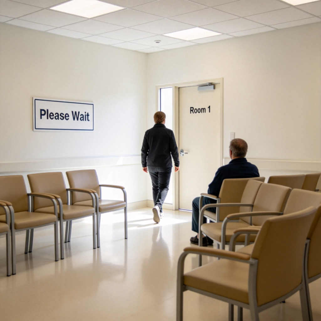 A clear view of a waiting room with a few empty chairs and a ‘Please Wait’ sign. One person is walking towards a door labelled ‘Room 1’, while another person is sitting closest to the door, clearly positioned as ‘next’ in line. Bright, clean clinic lighting. No visible faces, focus on the order and positioning.