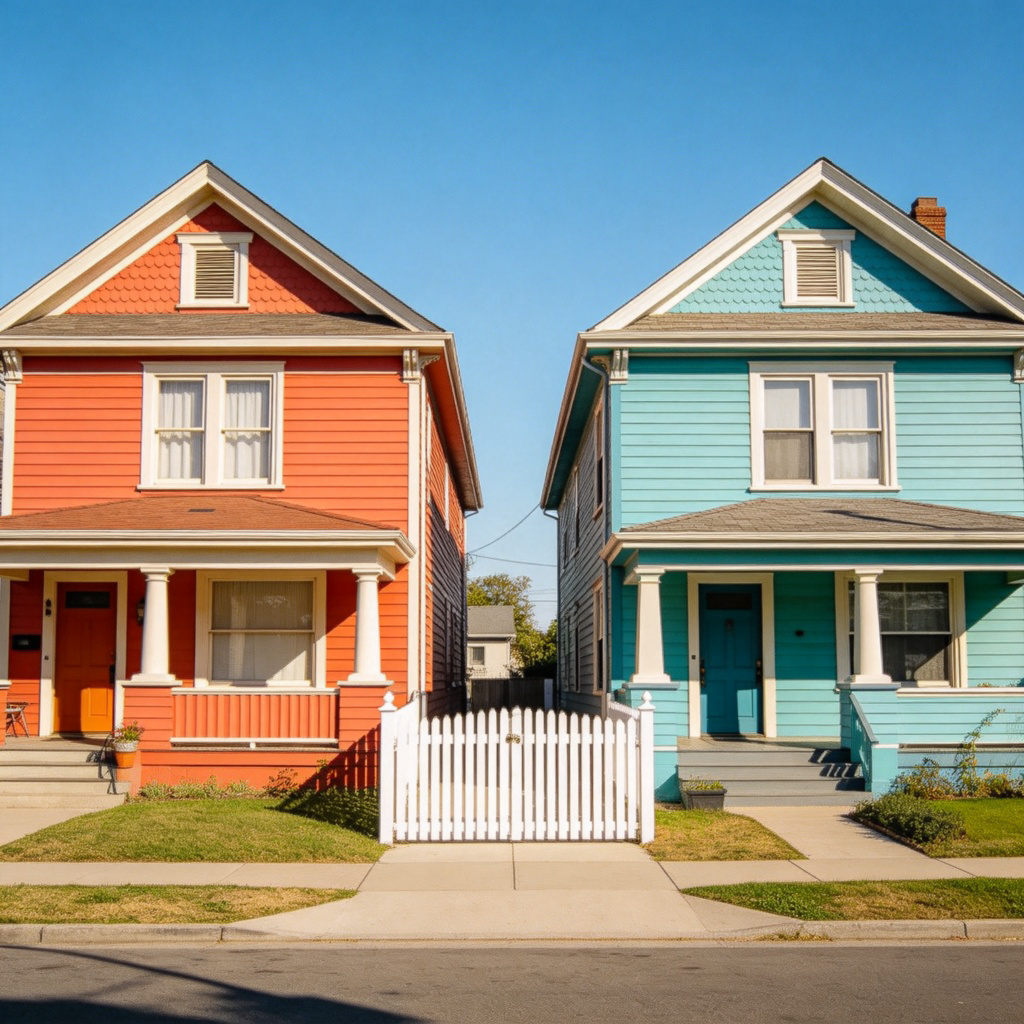 Two colorful, distinct houses standing side-by-side on a quiet suburban street. A white picket fence connects them, emphasizing their ‘next-door’ relationship. Sunny day, sharp focus on the two houses as a pair. No people, just the clear architectural proximity.