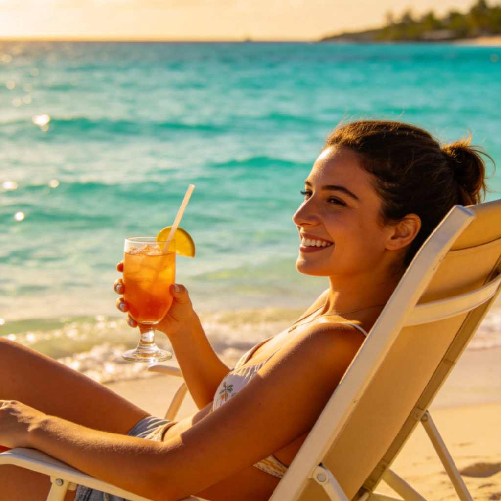 A person relaxing in a comfortable chair on a sunny beach, holding a cold drink with a smile. The turquoise water is calm and clear in the background. Bright daylight, focus on the person's content expression.
