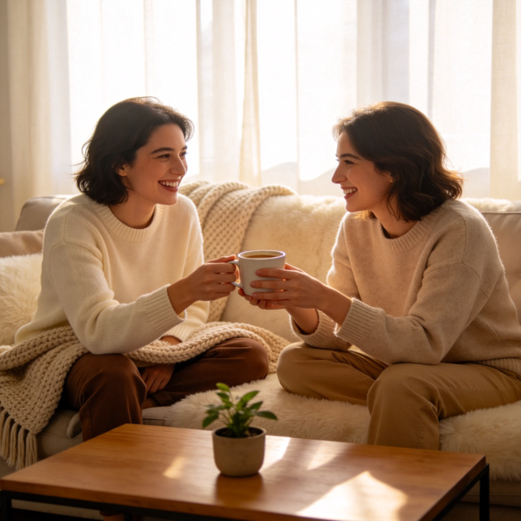 A person smiling warmly, offering a cup of coffee to another person in a cozy home setting. Both people look happy and relaxed. Soft indoor lighting, emphasis on the friendly gesture and connection between them.