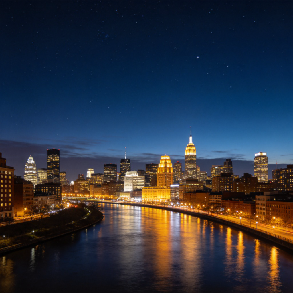 A serene view of a city skyline at dusk, transitioning into deep night. The sky is dark blue with a few visible stars, and the city lights (warm yellow and white) are turned on in buildings and along streets. The foreground could be a calm river reflecting the lights. Photorealistic, clear focus on the contrast between dark sky and artificial lights.