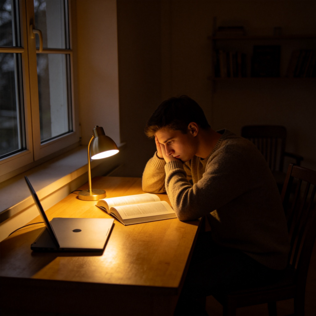 A person sitting alone at a desk by a window in a dimly lit room, head in hands, looking tired and thoughtful. A single small lamp casts a soft, warm pool of light on the desk, illuminating an open book or laptop, while the rest of the room is in soft shadow. The mood is contemplative, not despairing. Photorealistic style, focus on the person's posture and the contrast between light and shadow.