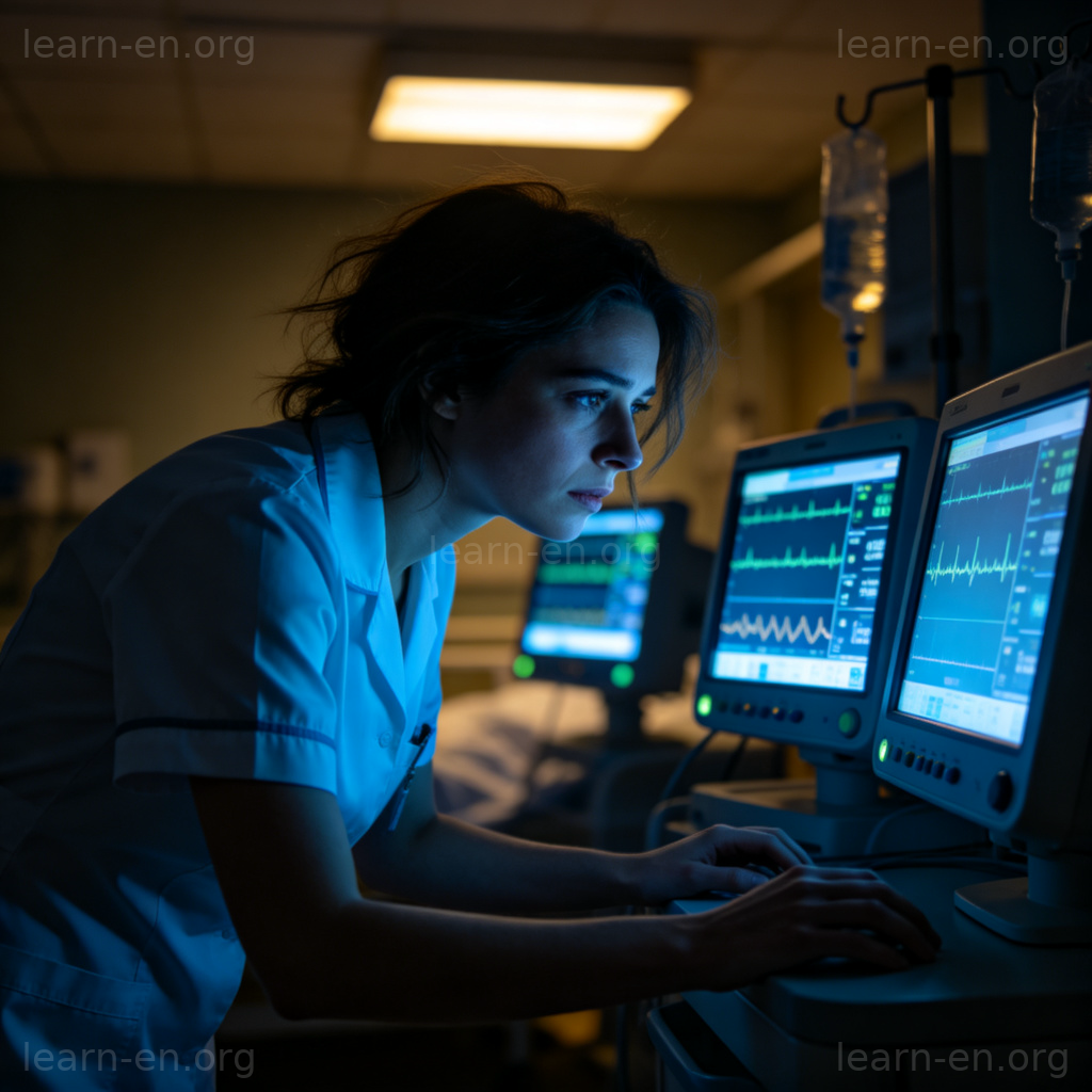 night shift 图解：深夜医院护士在昏暗灯光下工作的场景