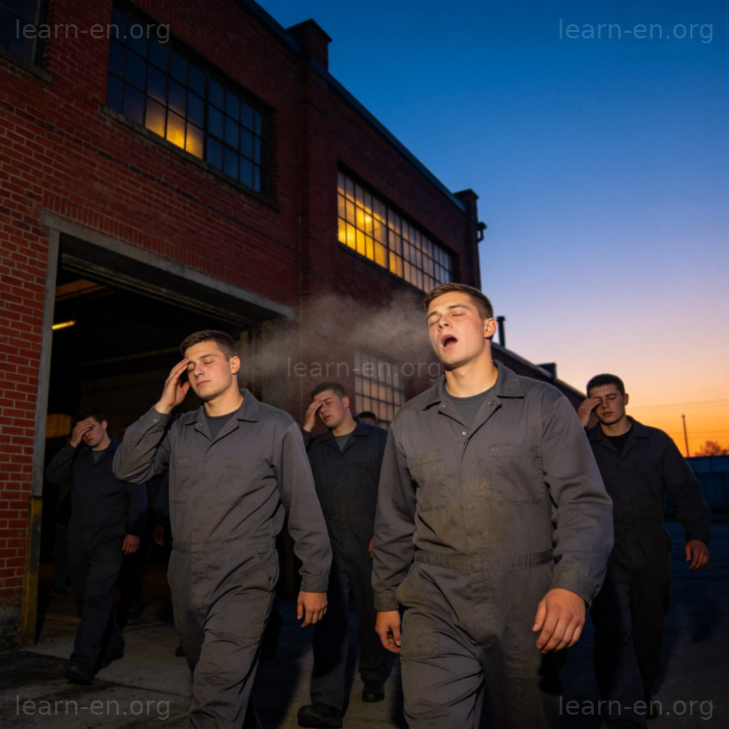 night shift 人员图解：黎明时分工厂夜班工人集体下班的场景