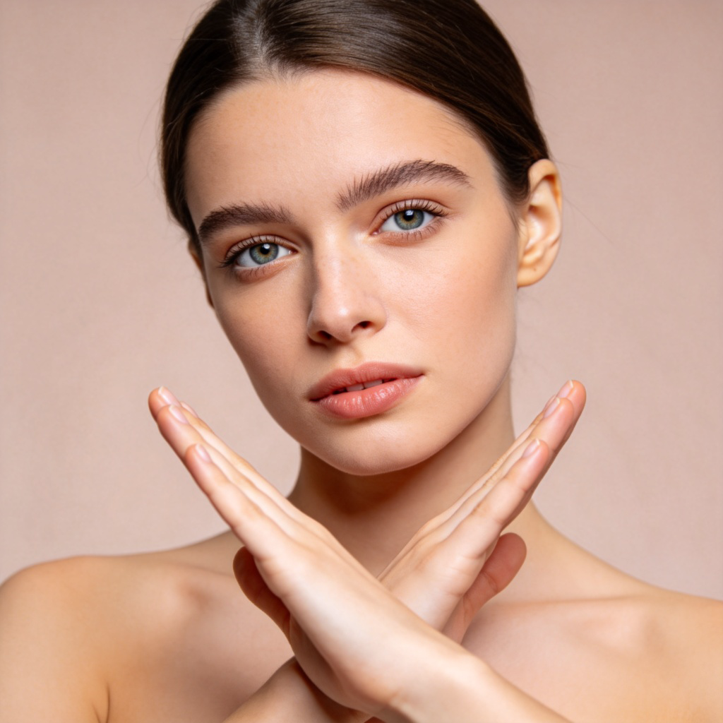 A close-up portrait of a person from the shoulders up, looking directly at the viewer, with a polite but firm expression. Their head is slightly tilted to the side in a gentle but clear gesture of refusal. Plain, soft-colored background. The focus is on the face and the implied “no” through expression and body language. No text.