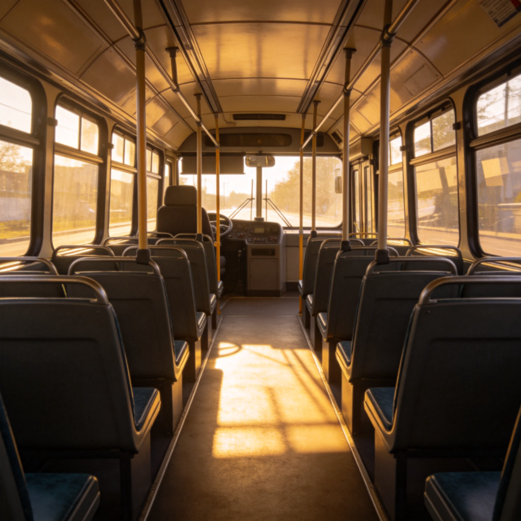 An empty, clean public bus seen from the inside, looking down the aisle towards the driver's seat. All seats are vacant, and sunlight streams through the windows onto the empty floor. The scene conveys a clear sense of absence of people. Photorealistic style, no text.