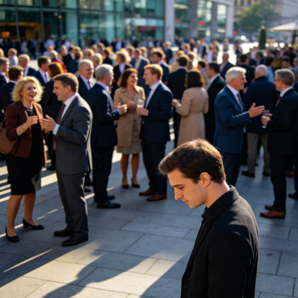 A person standing alone at the edge of a bustling city square, looking at a crowd of diverse, well-dressed people socializing in the center. The lone person's body language suggests being overlooked or unimportant. Photorealistic style, focus on the contrast between the individual and the group, no text.