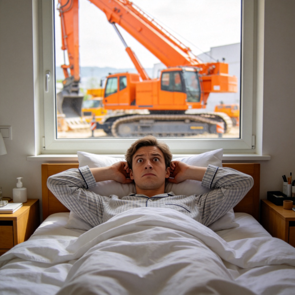 A person in pajamas is lying in bed with eyes wide open, looking annoyed. Outside the bedroom window, bright orange construction equipment is visible and active. The person's hands are covering their ears slightly. The room is otherwise calm and tidy. Daylight.