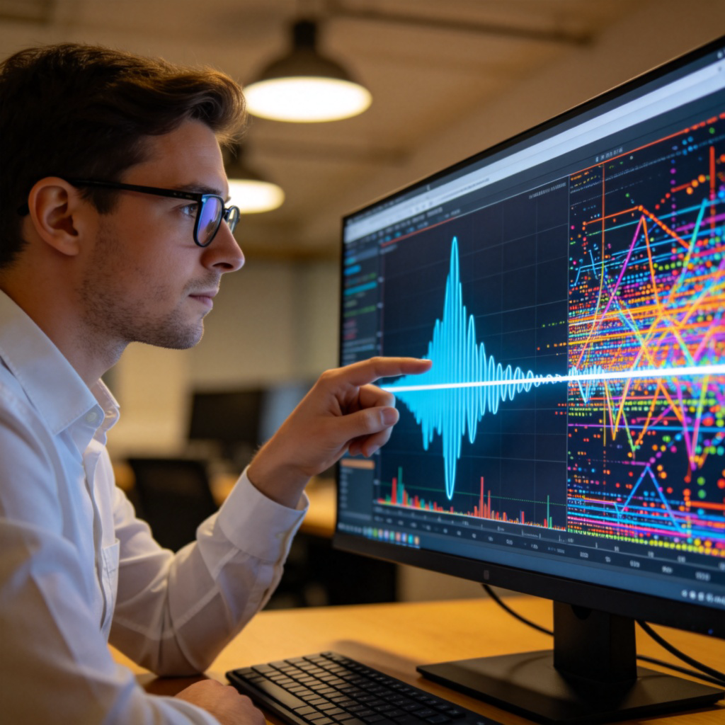 A data scientist looking at a large computer monitor displaying colorful, complex graphs and charts. One main line graph is clear and smooth (the signal), but the rest of the screen is filled with overlapping, chaotic dots and jagged lines (the noise). The scientist points thoughtfully at the clear line.