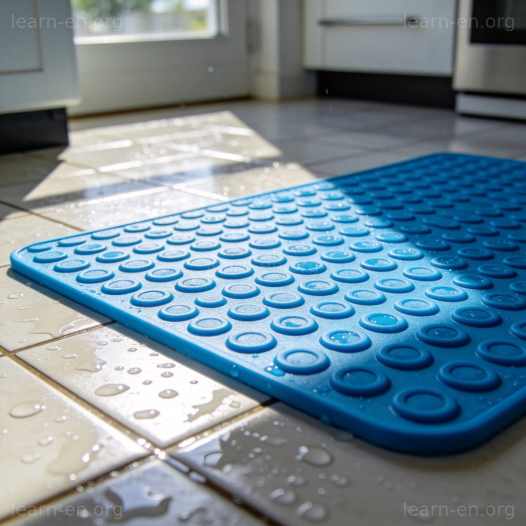 Non-slip Mat 防滑垫图解：厨房湿滑瓷砖上的蓝色橡胶防滑垫