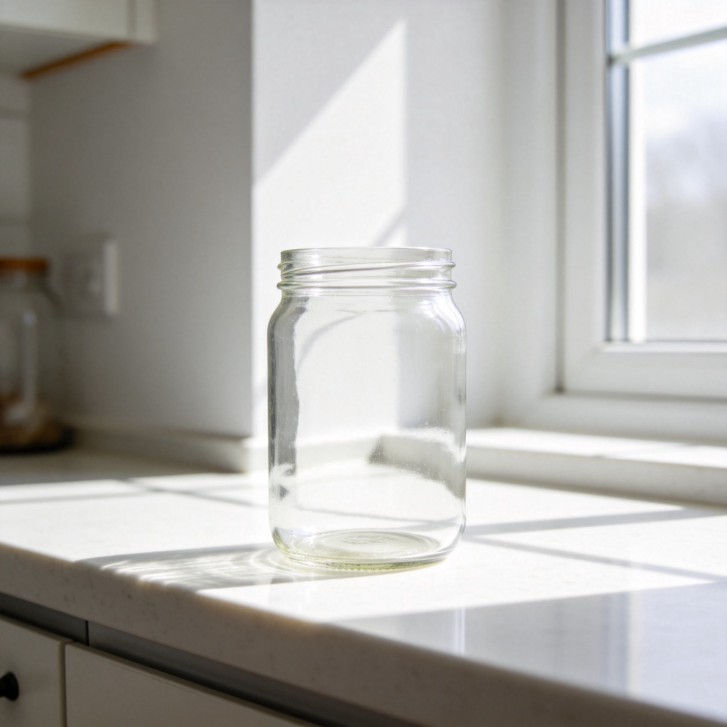An empty glass jar on a kitchen counter, with no cookies inside, showing it's completely empty. Plain white background, natural sunlight from a window, sharp focus on the jar. No text or logos.