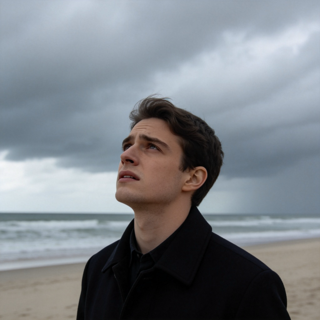 A person standing at a beach with a disappointed expression, looking at gray cloudy skies and shaking head slightly, indicating 'not at all' happy. Clear view of the person's face and the overcast weather, natural lighting. No text.