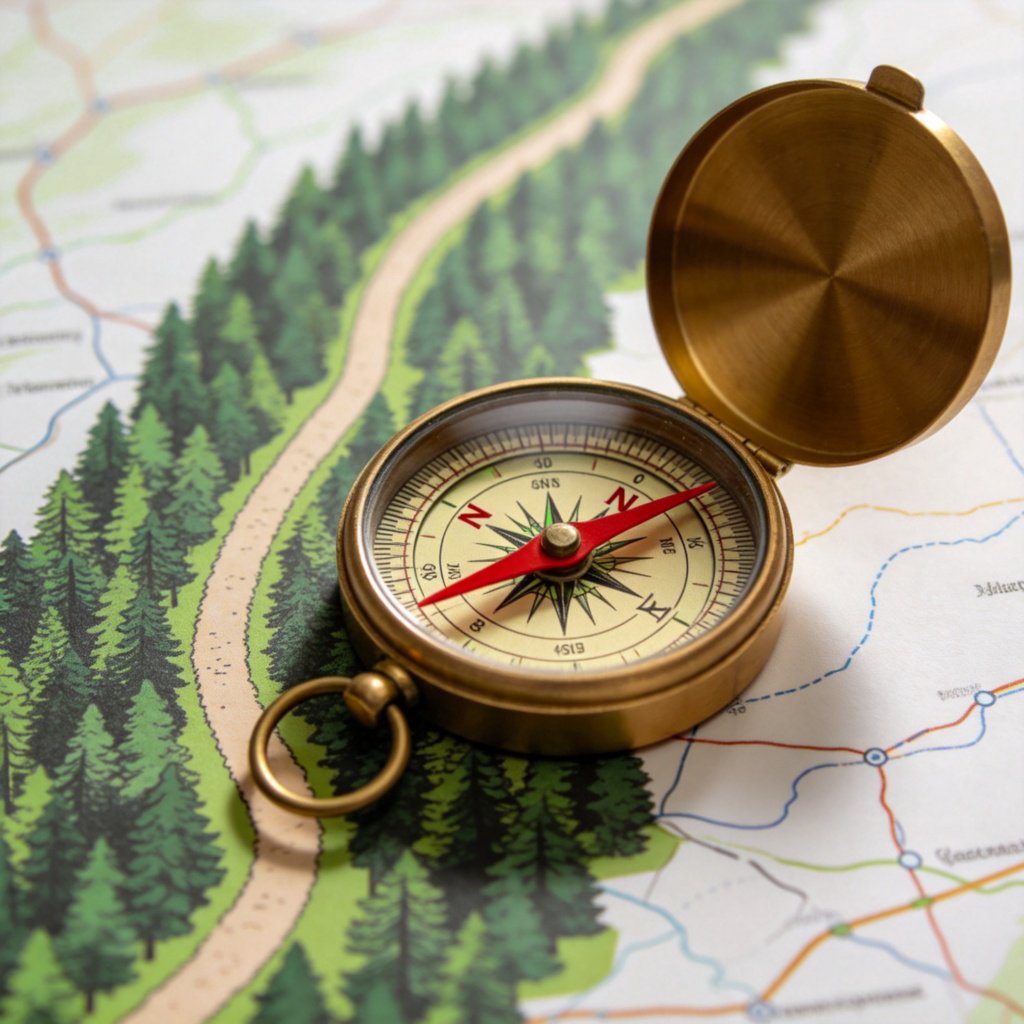 A classic brass compass lies on a map, its red needle clearly pointing to the letter 'N' on the dial. The map shows a simple path through a green forest. Daylight, sharp focus on the compass, neutral background. No text.