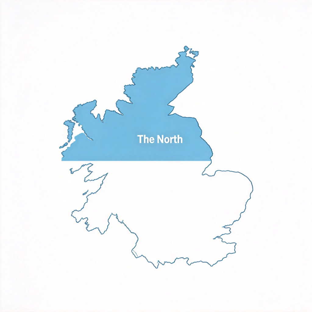 A colorful political map showing the outline of a single country. The top half (north) is shaded in a distinct, light blue color with the label "The North". The bottom half (south) is unshaded. Clean, modern cartographic style on a white background. No other text.