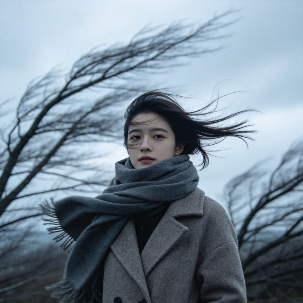 A person standing outdoors, wearing a warm coat and scarf, with their hair and scarf being blown strongly to the side by an invisible wind. The background shows bare tree branches leaning in the same direction, suggesting a cold north wind. Overcast sky. No text.