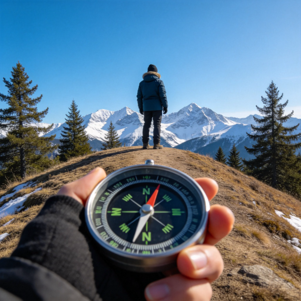 A person standing on a hill in winter clothes, holding a compass that clearly points north towards snow-capped mountains in the distance. The scene is bright and realistic, with pine trees and a clear blue sky in the background, emphasizing the direction to the north. No text or logos, focus on the compass and mountains.
