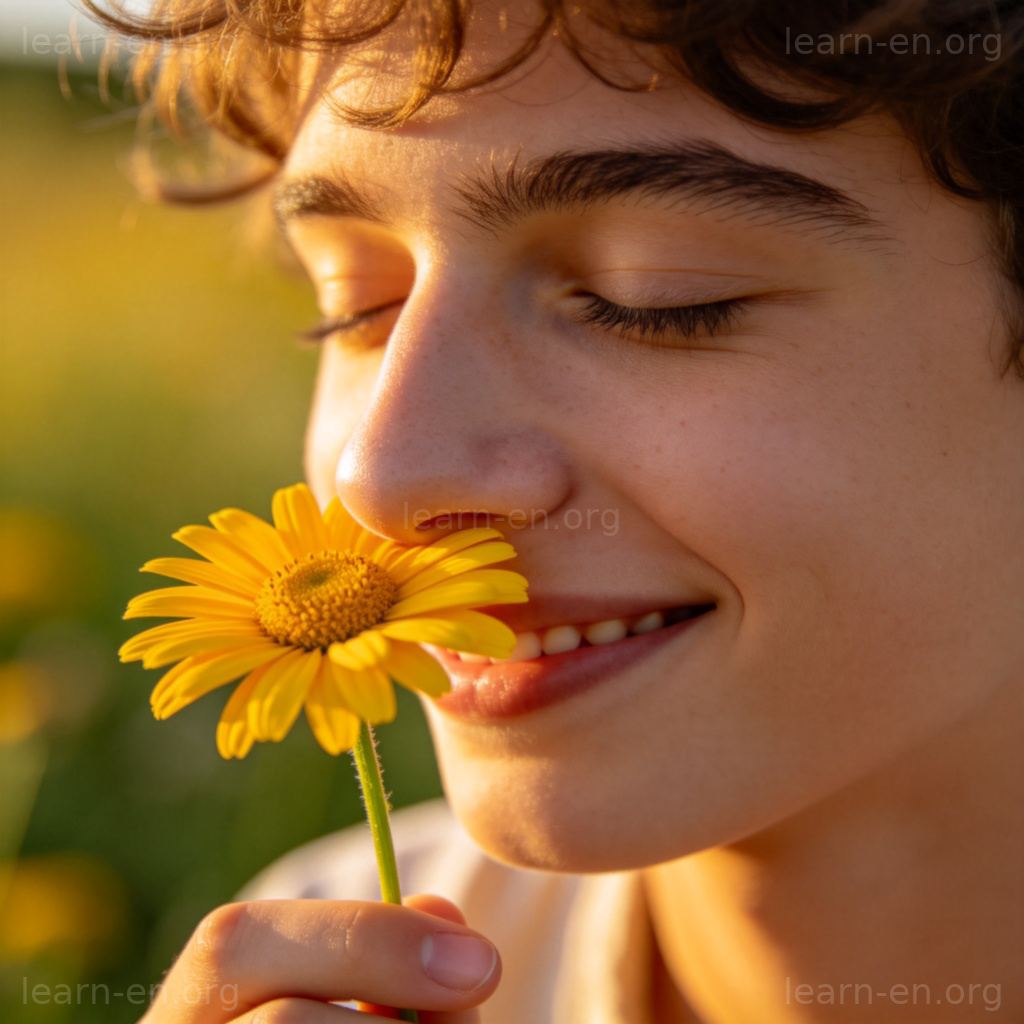 nose 含义图解：人物闭眼微笑，用鼻子闻黄色雏菊