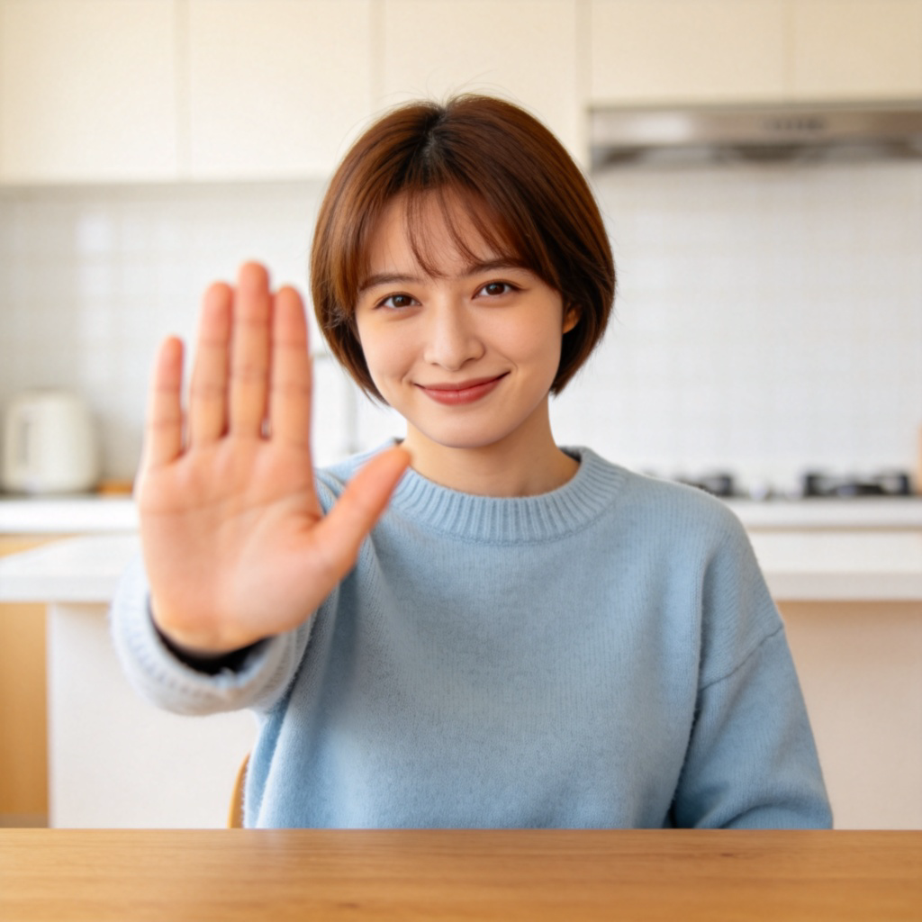 A person is politely declining a piece of cake being offered to them. They are shaking their head slightly with a friendly but firm smile, and one hand is raised in a gentle "stop" or "no thank you" gesture. The focus is on their expression and gesture against a simple background, like a kitchen or a cafe. The image should clearly communicate the concept of refusal or negation without any text.