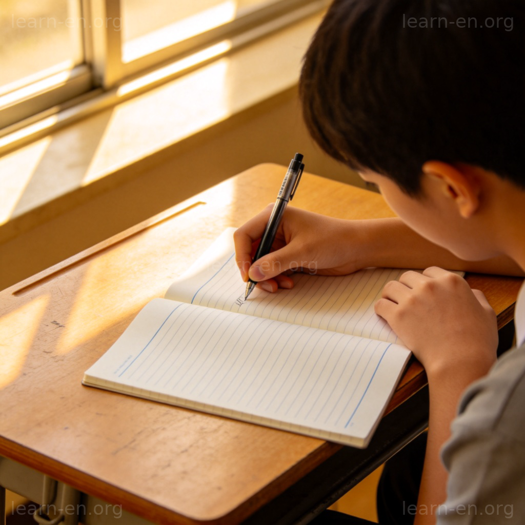 Notebook 图解：学生在木桌上使用纸质笔记本认真书写