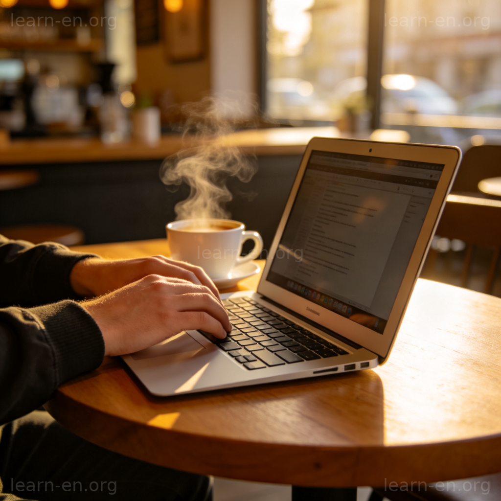 Notebook 图解：咖啡馆里使用银色笔记本电脑工作场景