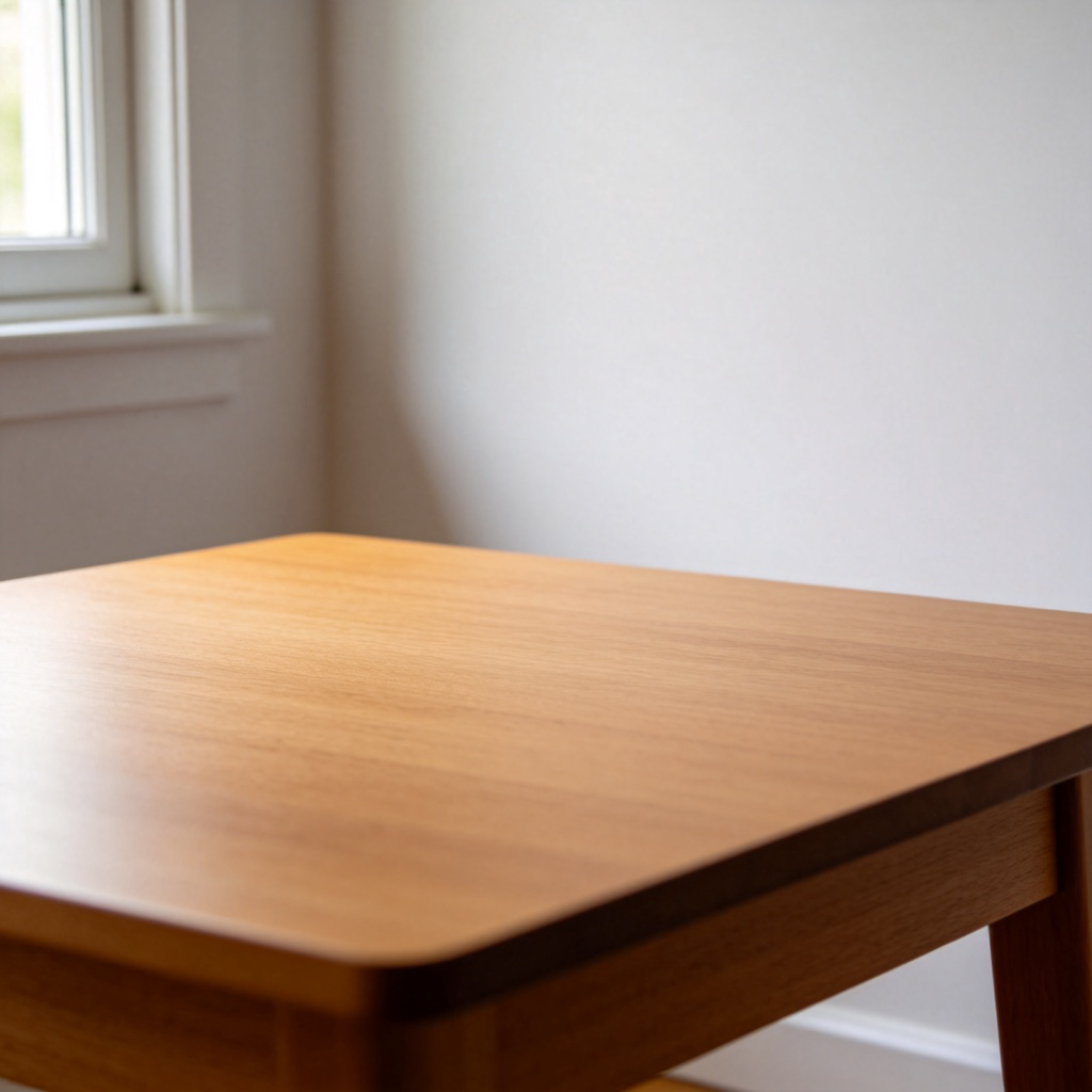 A clean, empty wooden tabletop with absolutely nothing on it, under soft natural light from a window. The table occupies most of the frame, with a plain white wall in the background. No text, objects, or distractions, emphasizing complete emptiness.