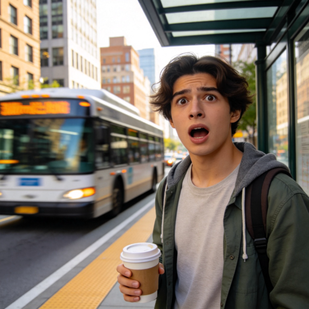 A person in casual clothes standing at a bus stop, looking with an "oh no" expression as a bus drives away. They are holding a coffee cup, having just missed the bus. The scene is urban, daytime, with a clear focus on the person's face realizing their mistake. Photorealistic style, no text.