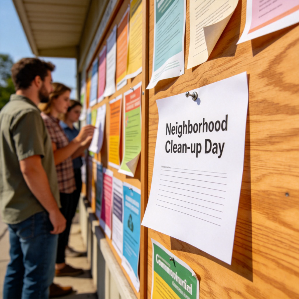 A close-up view of a public noticeboard in a community center. A clean, typed notice about a "Neighborhood Clean-up Day" is pinned prominently among other flyers. A few people are in the background looking at the board. Daylight, realistic textures, no text overlaid on the image.