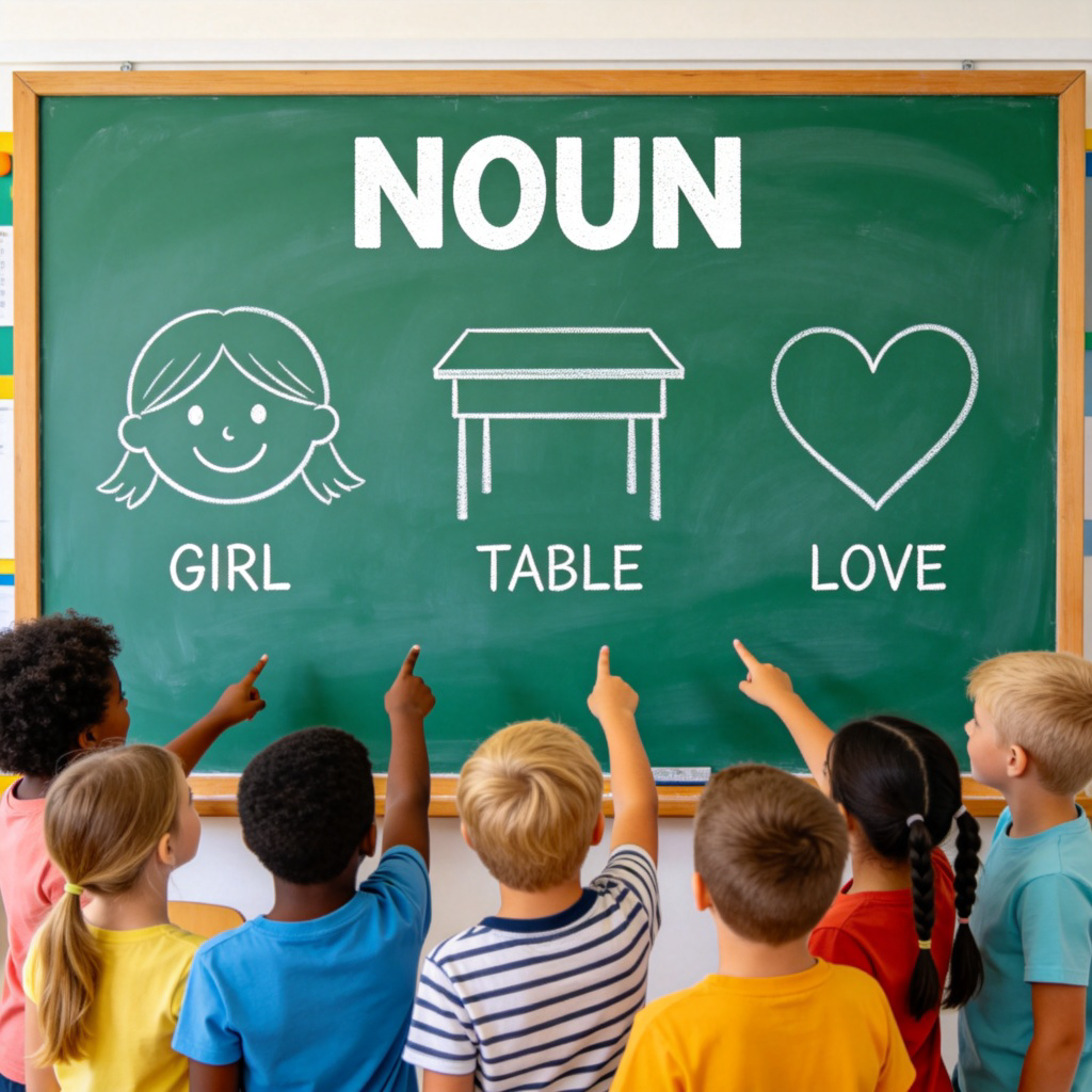 A vibrant, clear classroom scene. On a large green chalkboard, the word 'NOUN' is written in bold, with simple drawings and labels below: a smiling student's face labeled 'GIRL', a desk labeled 'TABLE', and a heart symbol labeled 'LOVE'. A diverse group of young students are looking at the board and pointing. The style is bright and educational, with a focus on the board. No text except the labels as part of the lesson.